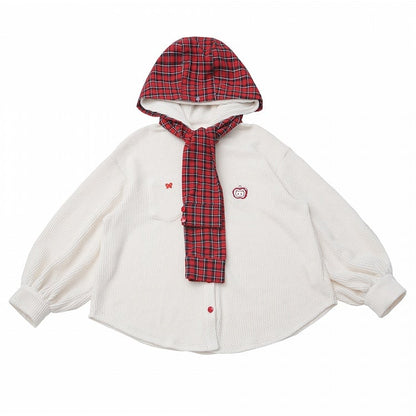 Regular/Thicken White Knit Hoodie with Detachable Red Plaid Hood Scarf