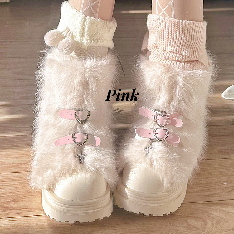 Black/Coffee/Pink/White Heart-shaped Buckle Bow Shaggy Boots