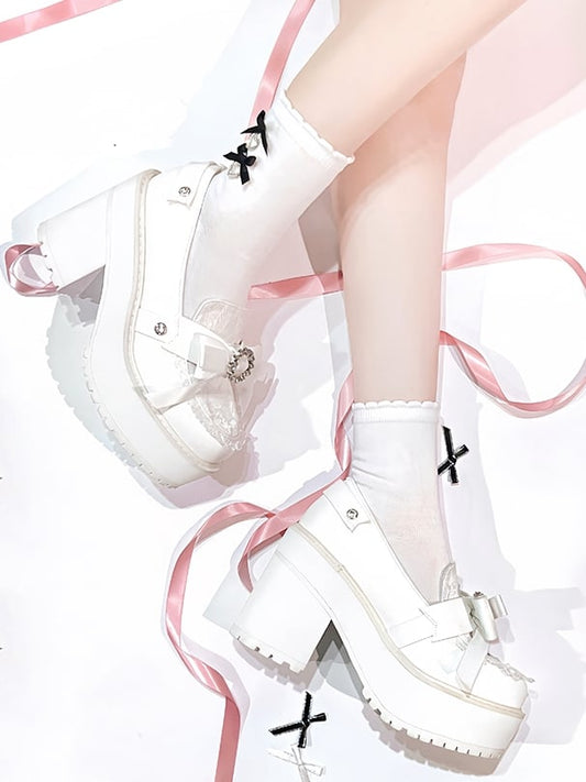 Matte White Rhinestones Bow Accents Jirai Kei Platform Loafers