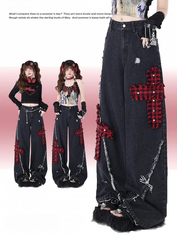 Red Plaid Crosses Black Punk Wide Leg Jeans Distressed Holes