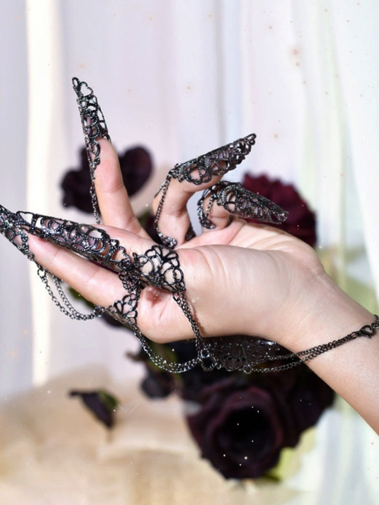 Cyberpunk Finger Nail Ring Bracelet Gothic Hand Accessory Silver/Metallic Color