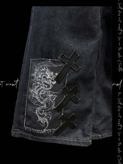Dark Blue Dragon and Cross Appliques Punk Wide-Leg Jeans