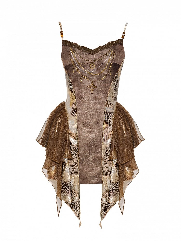 Brown Wasteland Punk Snakeskin Pattern Contrast Lace Patches Asymmetrical Hem Cami Top