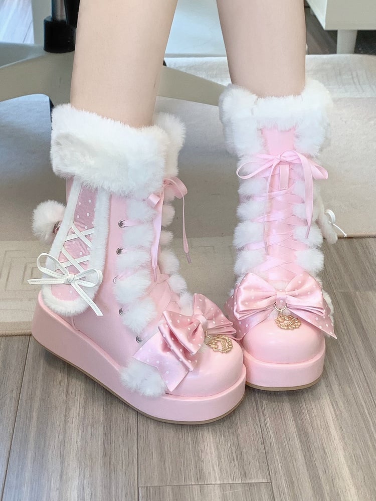 Sweet Strawberry Pink Lolita Boots - Bunny Details & Plush Cuff with Polka-dot Pattern Top Bow