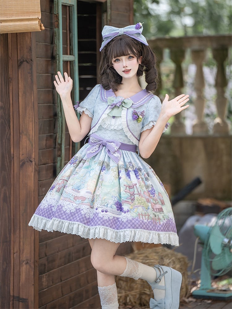 Cute Parrot and Grapes Print Sweet Lolita Short Sleeves Dress Fake Two-pieces Design