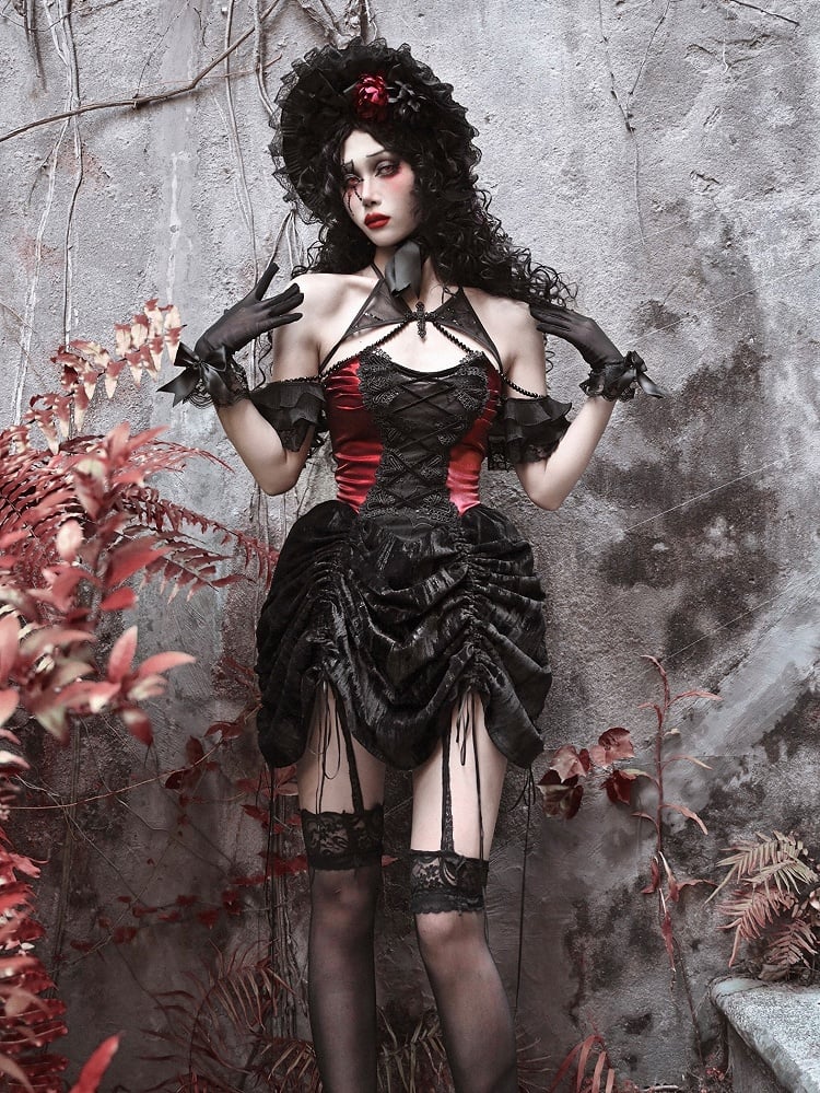 Black and Dark Red Gothic Vampire Lace Up Bodice Drawstring Skirt Dress