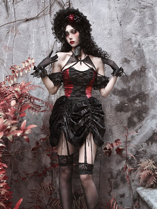 Black and Dark Red Gothic Vampire Lace Up Bodice Drawstring Skirt Dress