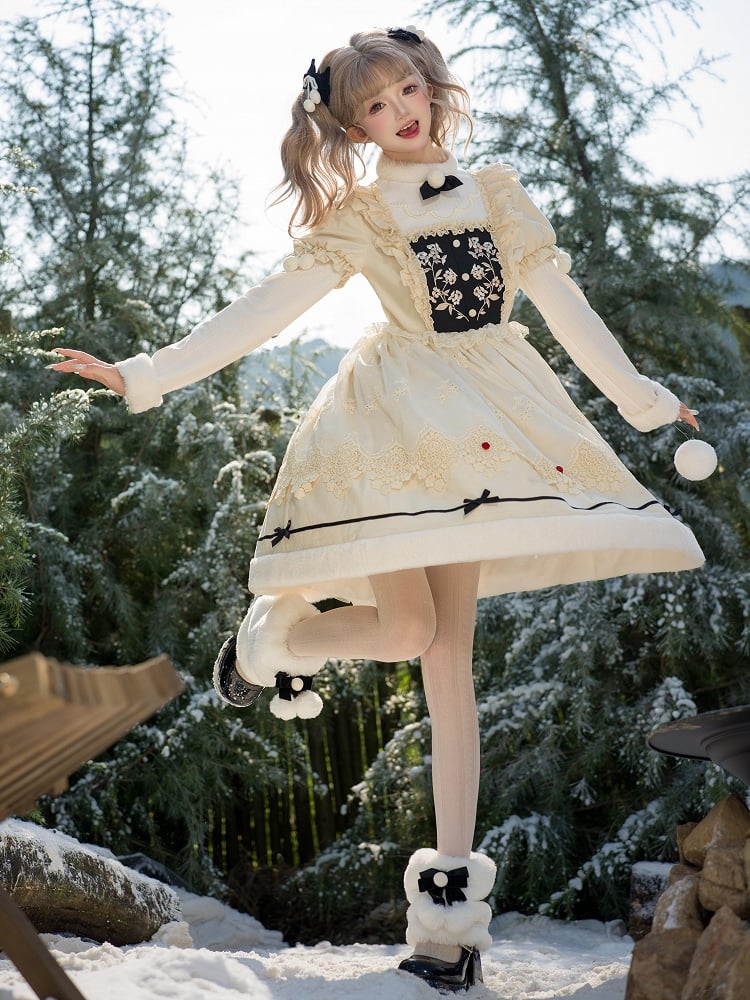 Beige Floral Embroidery Bodice Long Sleeves Lolita Dress Plush Neckline and Cuffs