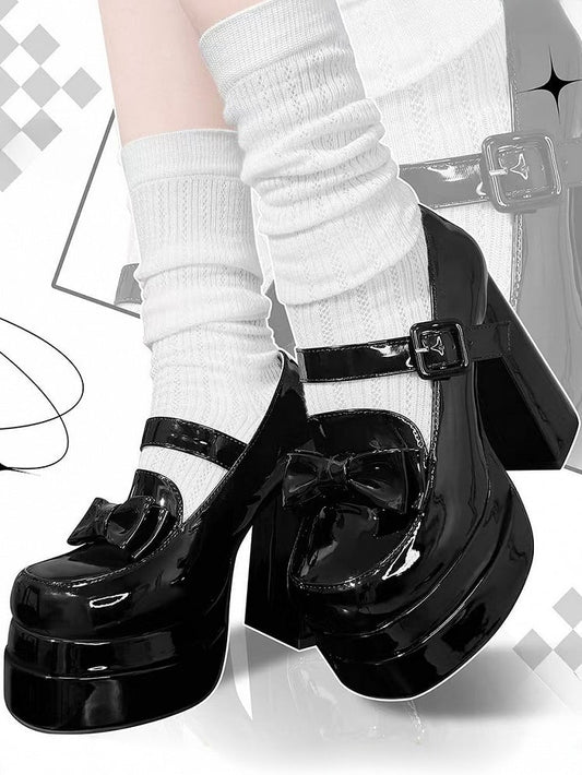 Bow at Top Black Platform Mary Janes High Block Heel