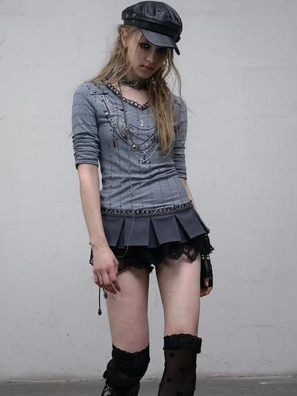 Pink/Blue Wasteland Punk V-neck Rhinestone Necklace Design Striped Pattern Long Sleeves Top