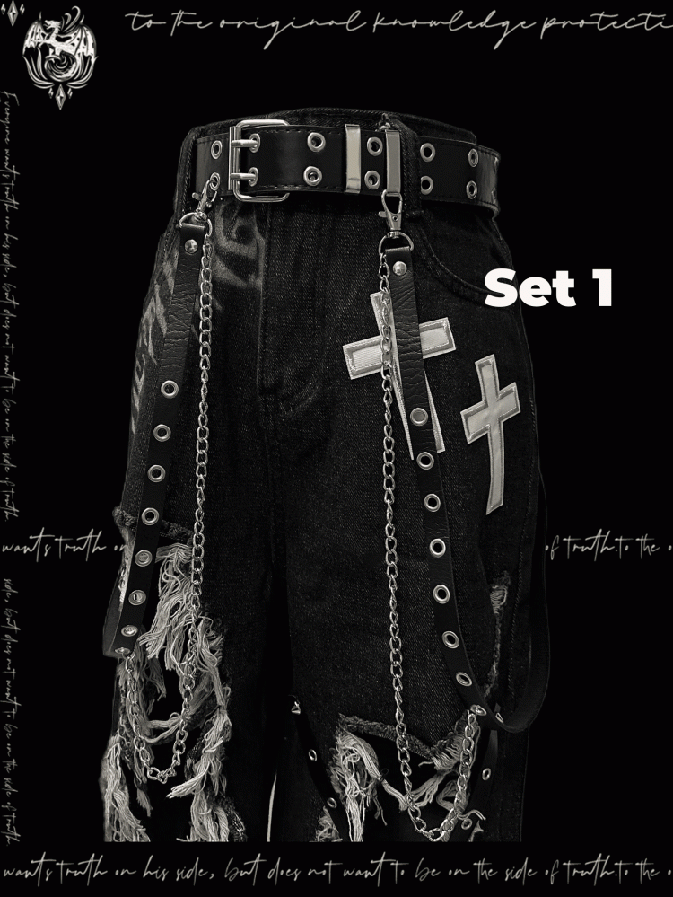 Y2K Black Cross Appliques Criss-cross Straps Distressed Holes Glamorous Jeans