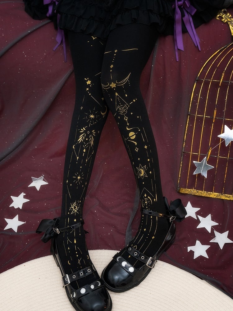 Black/White Lolita Star and Moon Print Tights