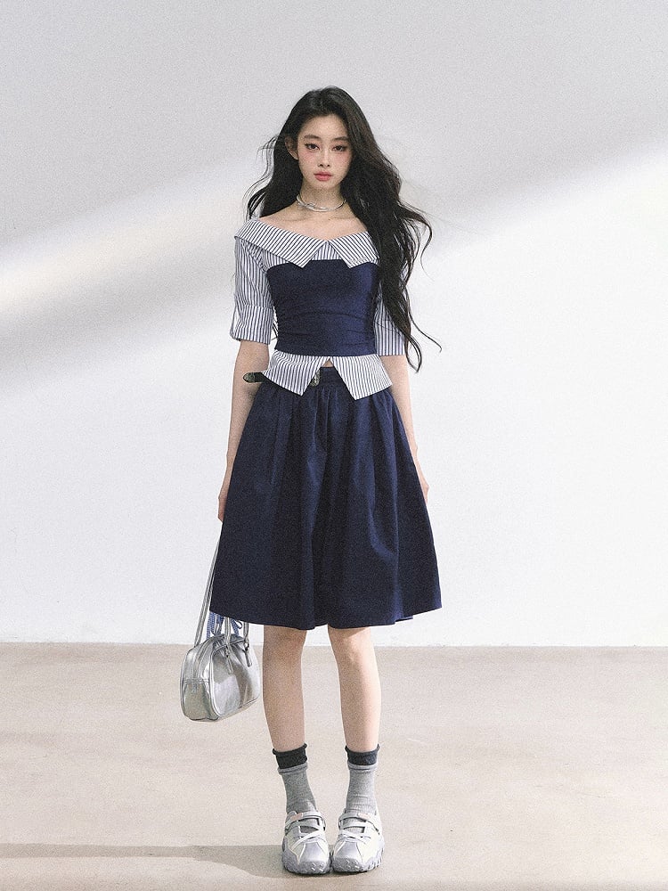 Off-the-shoulder Neckline Foldover Collar Gray/Navy Blue Striped Shirt