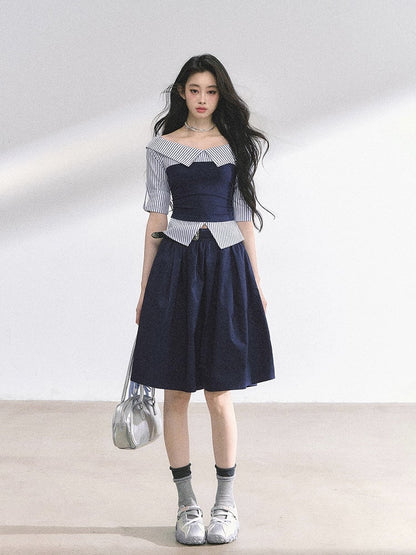 Off-the-shoulder Neckline Foldover Collar Gray/Navy Blue Striped Shirt