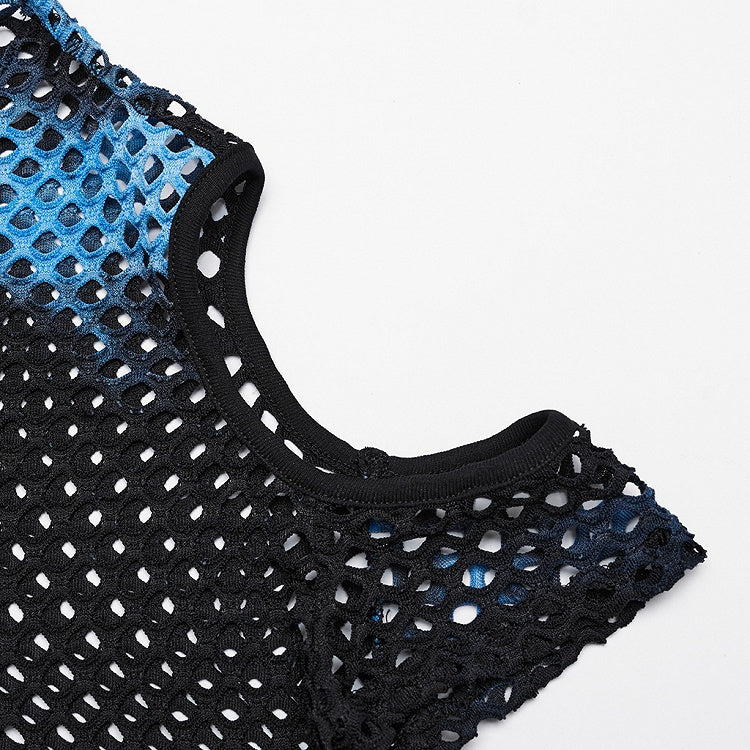 Black and Blue Punk Tie-dyed Mesh Short Sleeve T-shirt