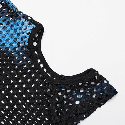 Black and Blue Punk Tie-dyed Mesh Short Sleeve T-shirt