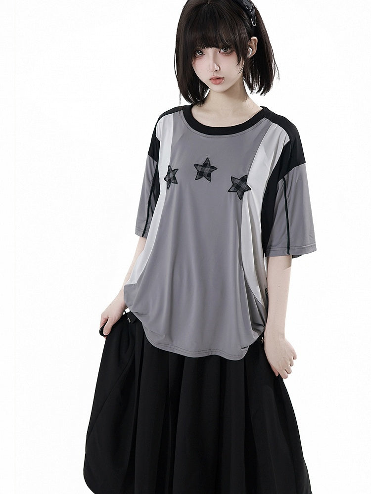 Black/Gray Colorblock Design Plaid Star Appliques Round Neck Sports T-shirt
