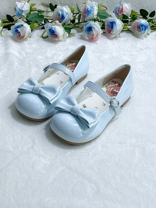 Light Blue Sweet Lolita Low-heel Mary Janes with Round Toe Design, Heart Closure & Bow Embellishments
