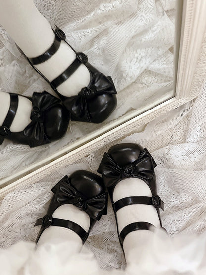 Bow Accents Sweet Black Buckle Straps Shoes Princess Low Heels