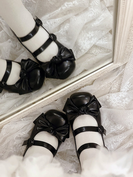 Bow Accents Sweet Black Buckle Straps Shoes Princess Low Heels