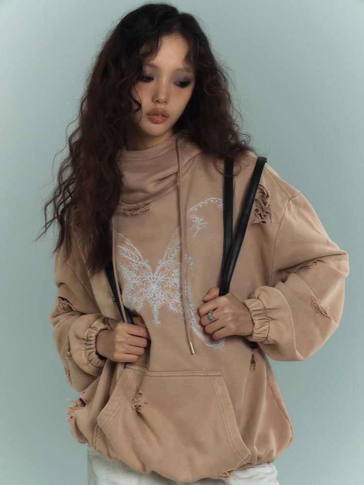 Butterfly Embroidery Camel Distressed Holes Punk Hoodie