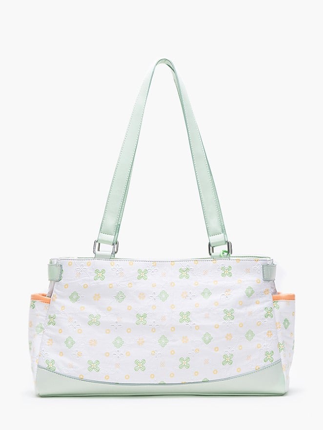 Green & White Clover-Themed Large Capacity Tote Ita Bag with Strap Accents And Detachable Ita Card Holder