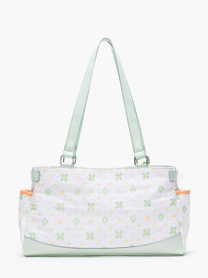 Green & White Clover-Themed Large Capacity Tote Ita Bag with Strap Accents And Detachable Ita Card Holder