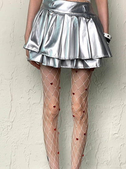 White/Black Y2K Rhinestone Decorated Heart Details Fishnet Tights