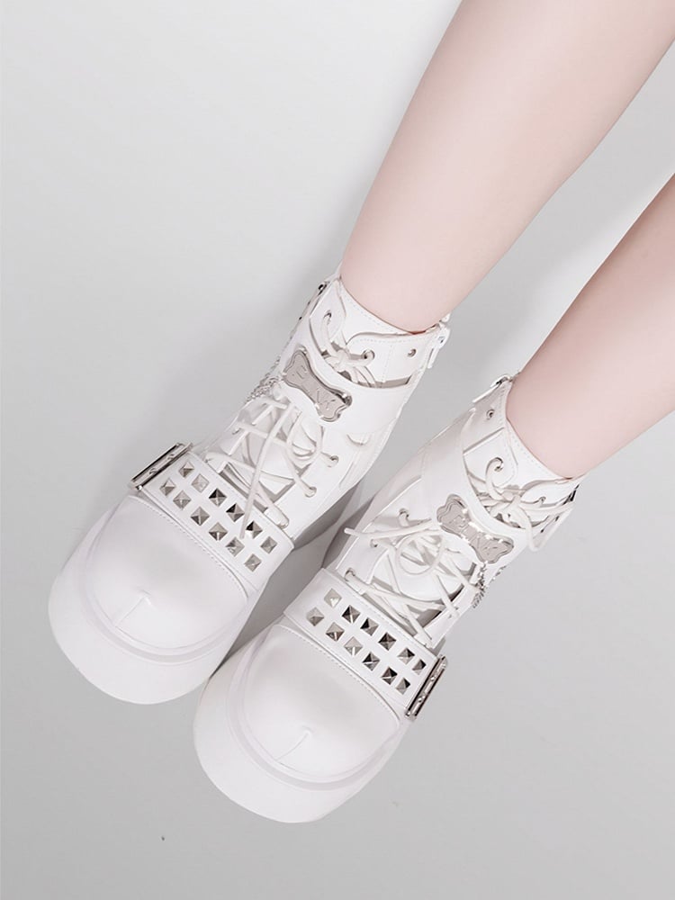 Punk Matte White Platform Ankle Boots Silver-tone Studs