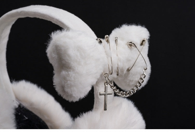 White Handmade Cross and Pins Plush Bone Earmuffs