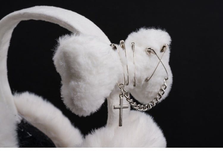 White Handmade Cross and Pins Plush Bone Earmuffs