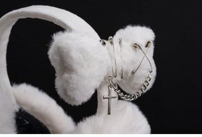 White Handmade Cross and Pins Plush Bone Earmuffs