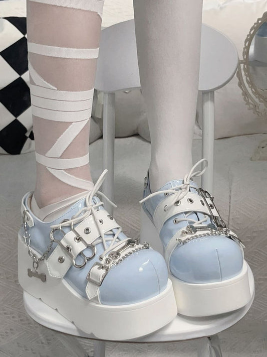 Tenshi Kaiwai Light Blue Y2K Bone Design Buckle Strap Platform Shoes