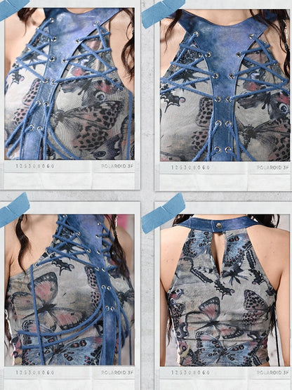 Grunge Punk Rock Fairycore Blue Butterflies Print Mesh Patchwork Halter Neck Top Lace-up Detail