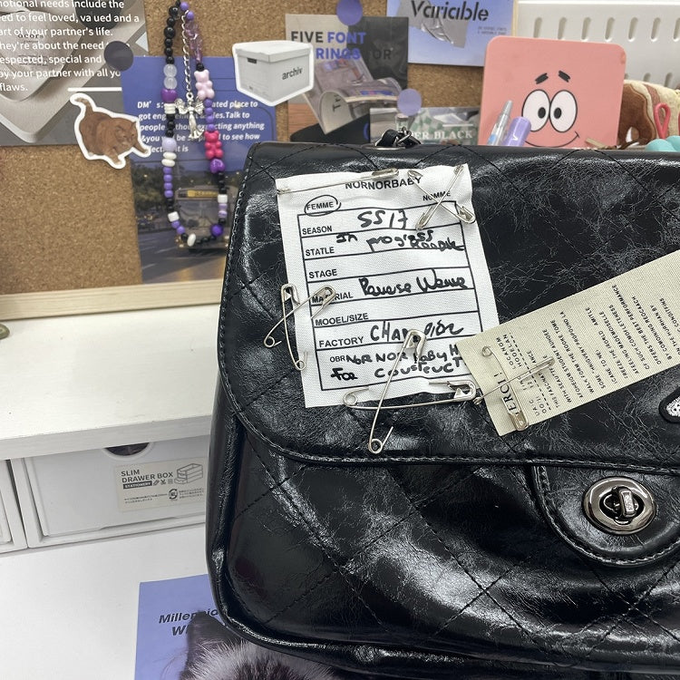 Black Vintage Motorcycle Shoulder Bag - Star-Studded with Oil Waxed Leather & Chain