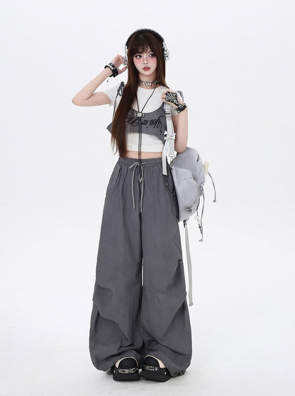 Gray Drawstring Waist Wasteland Punk Pants with Asymmetrical Waist Accessory