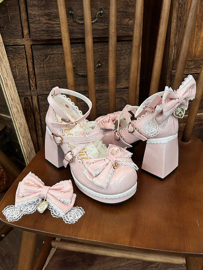 Pink Crisscross Design Heart Buckles Detachable Bow at Top High Block Heels