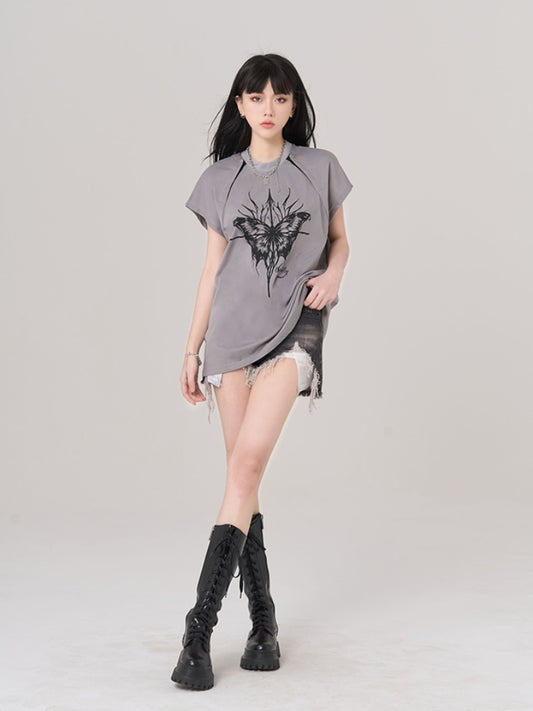 Gray Butterfly Print Cutout Shoulder Loose T-Shirt