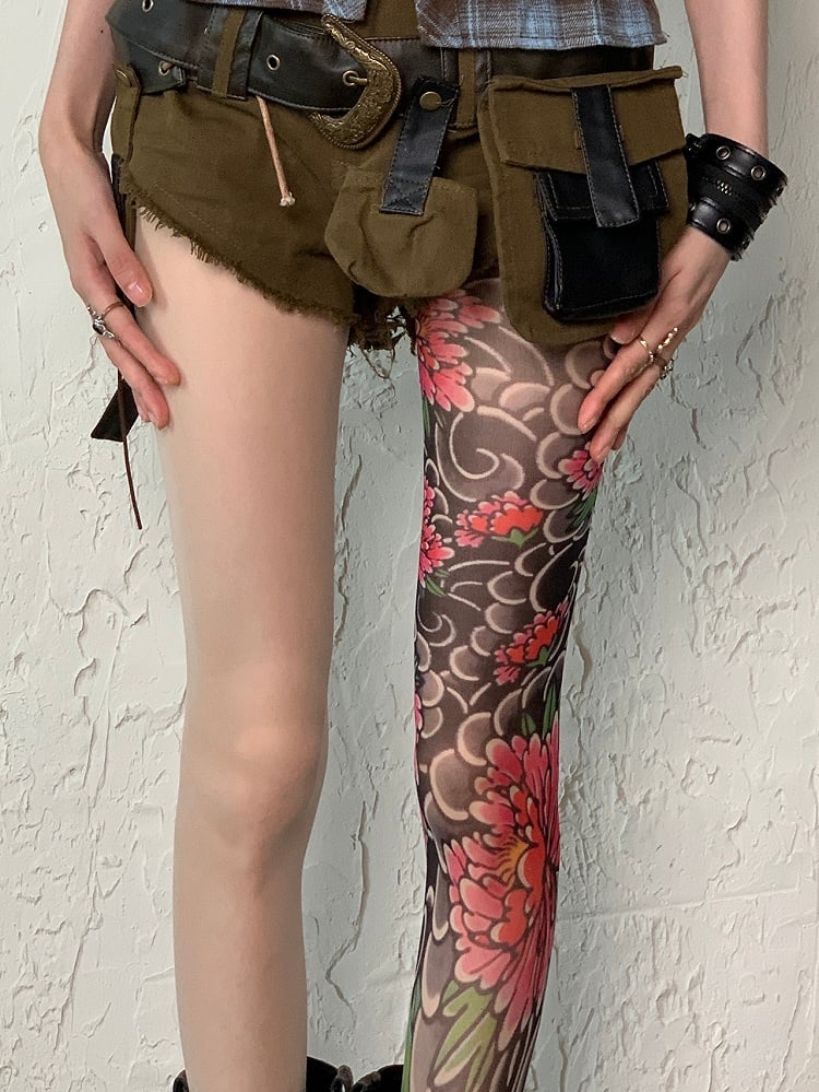 Nude Y2K Asymmetrical Design Floral Tattoo Print Tights