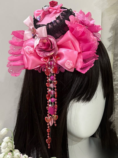 Rose Red Rhinestone Heart Decorated Rosette Design Bowknot Details Beaded And Heart Chain Mini Hat