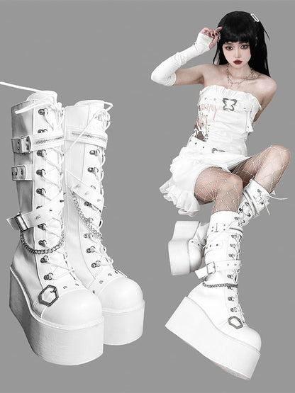 Studs Chains Metal Punk Matte White Platform Boots