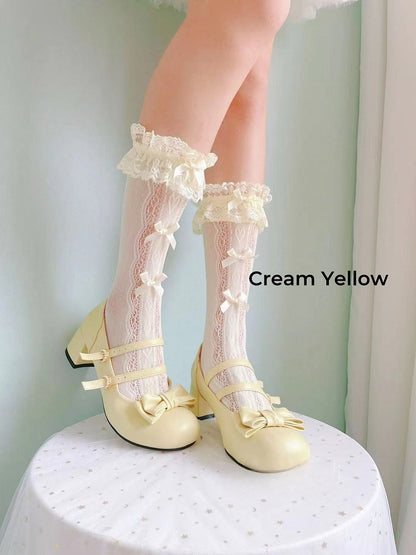 White/Cream Yellow Ruffled Lace Cuff Bows Calf Socks