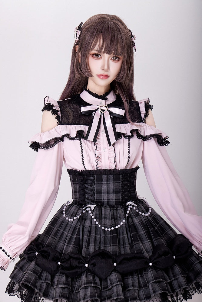 Open Shoulders and Illusion Neckline Jirai Kei Long Sleeves Pink Blouse