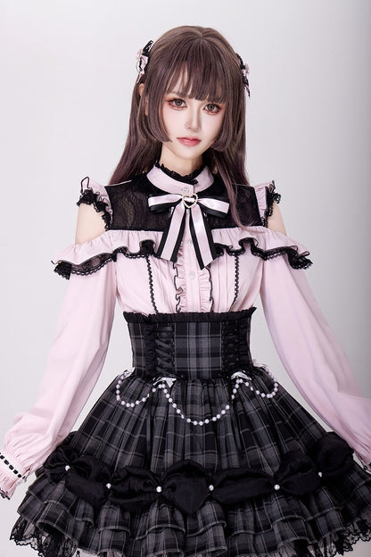 Open Shoulders and Illusion Neckline Jirai Kei Long Sleeves Pink Blouse