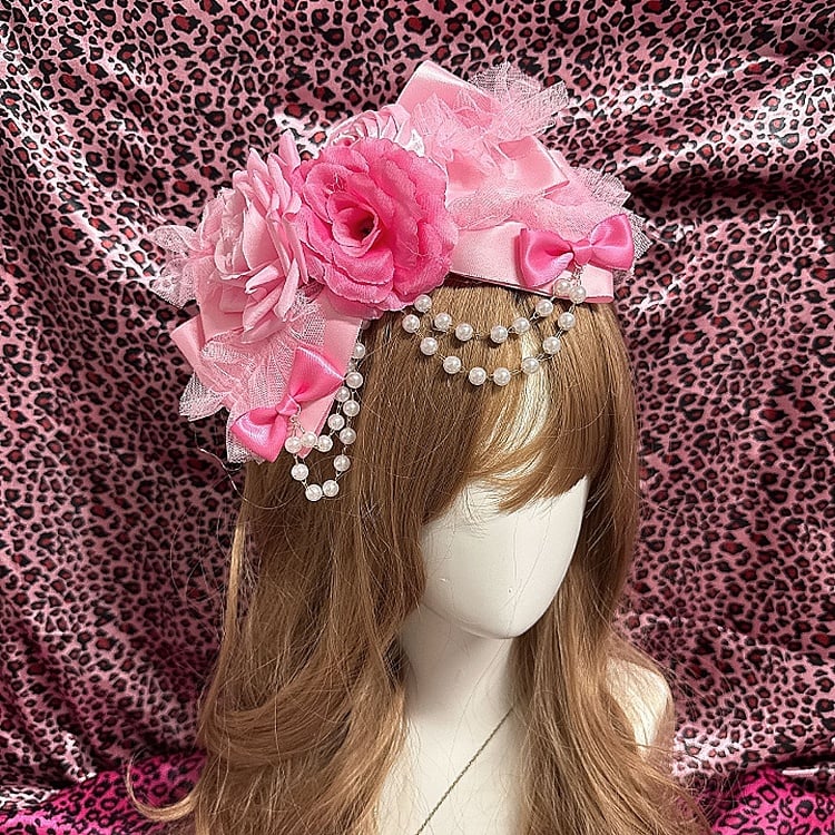 Pink / Rose Red Y2K Showa Hime Gyaru Fashion Rose Hair Clip with Beaded Chain