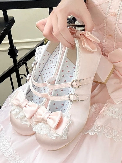 Sweet Pink Lolita Mid-heel Mary Janes - Ruffled Lace Edging, Ornate Bow & Dual Fasteners
