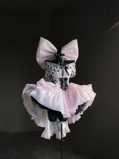 Pink Satin Sweet Lolita Dress with Polka Dot Off-the-Shoulder Detail and Large Bow
