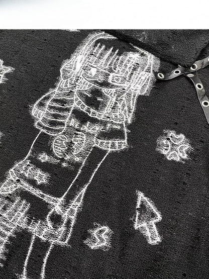 Black Off-the-shoulder Neckline Cartoon Girl Print Studs Details T-shirt