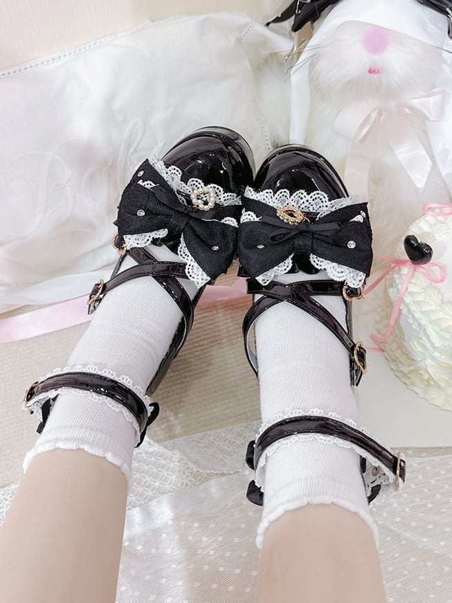 Polished Black Jirai Kei Bow at Top Crisscross Design Heart Buckles Platform High Block Heels Shoes