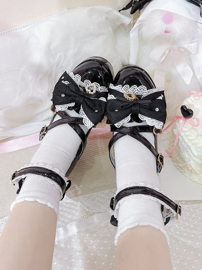Polished Black Jirai Kei Bow at Top Crisscross Design Heart Buckles Platform High Block Heels Shoes
